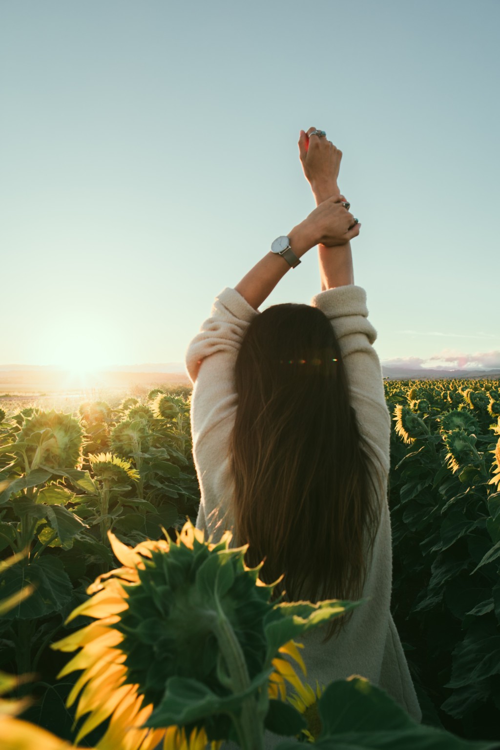 woman with arms raised standing in field of sunflowers Providence Moms Blog