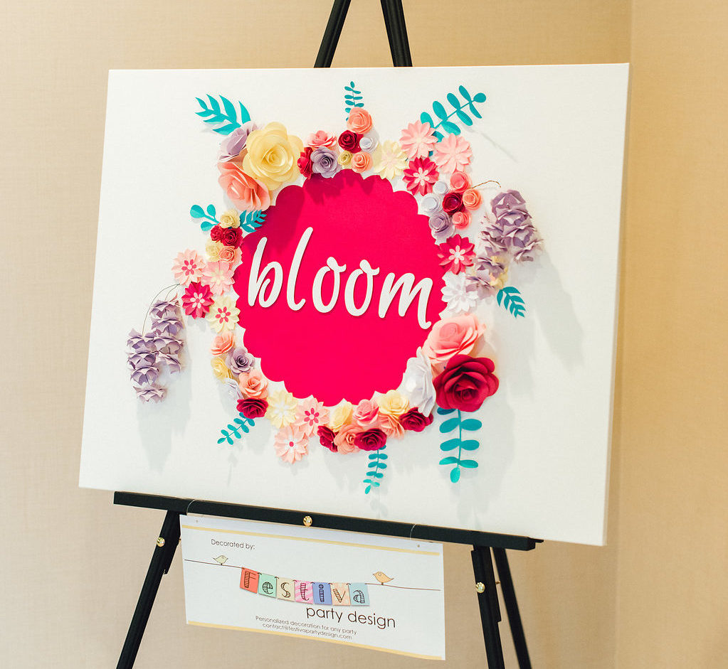 Bloom sign with paper flowers designed by festiva party design. Providence Moms Blog New and Expecting Mom Event