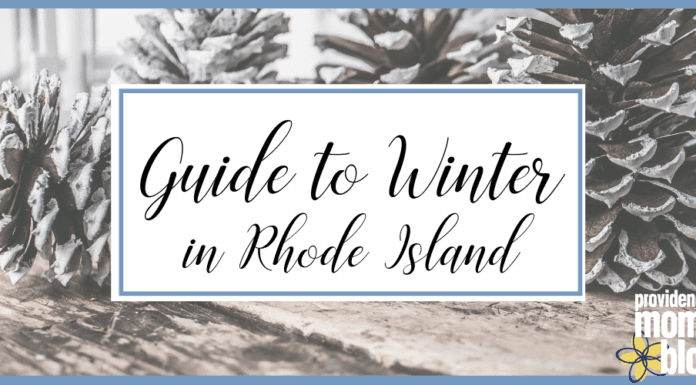 pinecones in background with words Guide to Winter in Rhode Island Providence Moms Blog