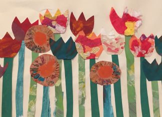 Different painted and textured papers made into a collage depicting flowers