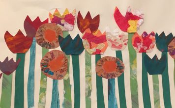 Different painted and textured papers made into a collage depicting flowers