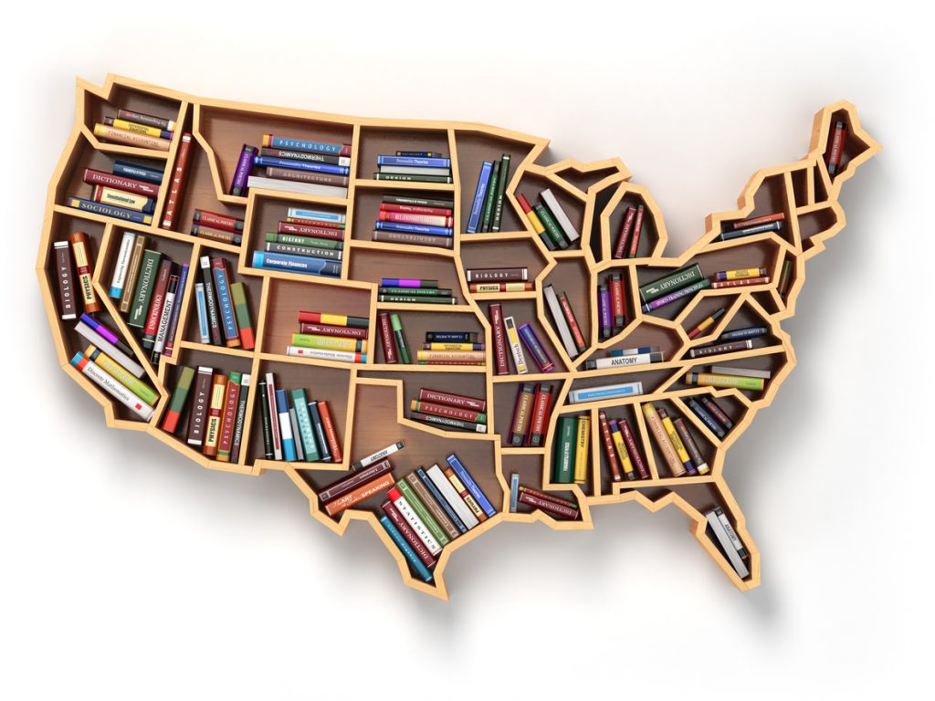 US map shelf with books read across America 