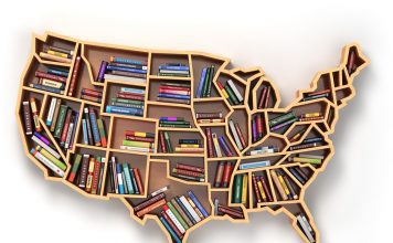 US map shelf with books read across America