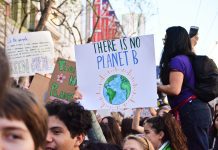 A climate change protest wiith a sign that reads "There is no planet B"
