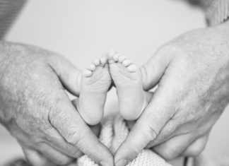 A black and white image of baby feet being held in a heart shape