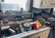 kitchen sink full of dirty dishes