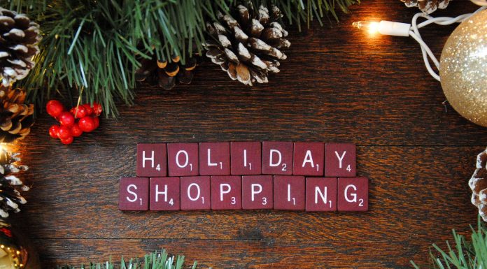 holiday shopping spelled with scrabble tiles